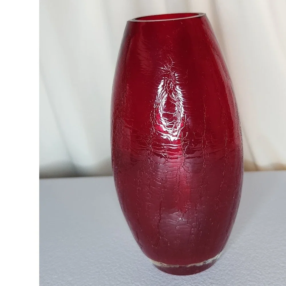 Ruby Red Crackle Glass Vase Decorative Bulbous Hand Blown Floral Vessel